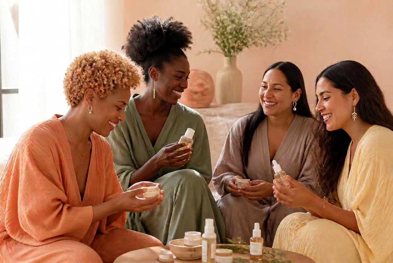 Four women of color — a light-skinned Black woman, a dark-skinned Black woman, an Indigenous Native American woman, and a Latina woman — wearing a variety of small hoops and pretty dangling earrings, sharing clean, sustainable wellness products in a bright, airy space